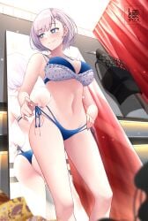 bikini female female_only frilled_bikini frilled_bikini_top hololive hololive_indonesia hololive_indonesia_holoro landacdeus midriff mirror navel pavolia_reine short_hair shoulder_length_hair side-tie_bikini side-tie_bikini_bottom solo solo_female swimsuit virtual_youtuber