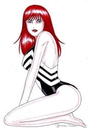 1girls alien artist_signature big_breasts breasts covering curvy curvy_female curvy_figure female female_focus female_only fully_clothed hourglass_figure james_chen light-skinned_female light_skin marvel marvel_comics mary_jane_watson naked naked_female one-piece_swimsuit posing red_hair solo spider-man_(series) sweat swimsuit symbiote venom venom_(marvel) voluptuous voluptuous_female wide_hips