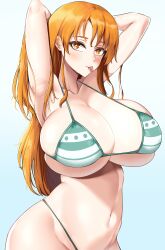 1girls armpits arms_up bikini bikini_bottom breasts brown_eyes female female_only hi_res huge_breasts light-skinned_female light_skin long_hair nami no_pants one_piece orange_hair post-timeskip slim_waist striped_bikini tiger_drop tongue_out very_long_hair