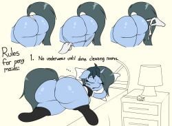 ass ass ass_focus bed bedroom big_ass big_butt blitzy_flair blue_skin bubble_butt dat_ass disembodied_hand equine fan_character fat_ass female_focus maid my_little_pony oc panties panties_down panties_removed pony pulling_panties sleeping thick_thighs thighhighs unicorn white_panties