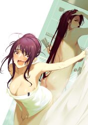 2girls ass back back_view bangs bare_shoulders blush breasts cleavage collarbone curtains embarrassed fate/grand_order fate_(series) female female_only leaning_forward long_hair looking_at_viewer multiple_girls naked_towel nude open_mouth purple_hair red_eyes reroi scathach_(fate) scathach_skadi shower showering sideboob standing steam thighs towel wavy_mouth wet white_towel