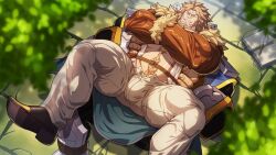 balls bara beard blonde_hair bulge crossed_arms facial_hair flaccid fully_clothed gay guilty_gear hands_on_another's_hips hands_on_hips happy_trail illyrian_army larger_male leo_whitefang long_hair male male_only muscles muscular penis size_difference spread_legs zelo-lee