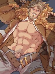 anntee balls bara beard blonde_hair facial_hair flaccid gay guilty_gear leo_whitefang long_hair male male_only muscles muscular open_jacket penis solo solo_male unbuckled_belt unzipped unzipped_pants