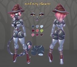 absurd_res adopted anthro ass big_breasts bimbo bimbofied boots breasts clothing domestic_cat felid feline felis female footwear hat headgear headwear hermitpioneer hi_res latex lips magic_user mammal model_sheet open_mouth rubber rubber_clothing rubber_suit solo witch
