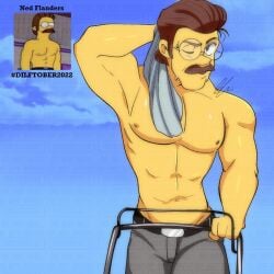 1dilf arm_behind_head armpit bara barazoku bulge dilf flaccid glasses jeans junsuisilly male male_only mature_male moustache muscles muscular muscular_male ned_flanders shirtless_male solo solo_male the_simpsons towel