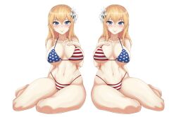 american_flag_bikini blonde_hair blue_eyes blush busty crown_braid flower_in_hair girls'_frontline large_breasts mosin-nagant_(girls'_frontline) wide_hips