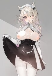 ;p absurdres animal_ear_fluff animal_ears arknights ass_visible_through_thighs black_skirt blush breasts breasts_apart breasts_out cat_ears cat_girl clothes_lift cowboy_shot cum cum_on_body cum_on_breasts cum_on_clothes cum_on_hair cute facial female gloves grey_background hairband heart highres kazemaru_(arknights) kazemaru_(like_illusion)_(arknights) large_breasts lifted_by_self long_sleeves looking_at_viewer mole_under_eye nipples no_bra official_alternate_costume one_eye_closed pantyhose retri skirt skirt_lift solo thigh_gap thighband_pantyhose tongue tongue_out two-tone_background white_background white_gloves white_hairband white_pantyhose wink