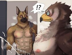 2020 abs accipitrid accipitriform anthro avian beak biceps bird bodily_fluids brown_body canid canine canis caught_masturbating chest_tuft clothed clothing confusion domestic_dog duo ejaculating_cum ejaculation english_text exclamation_point german_shepherd herding_dog hi_res inside k0bit0wani male male/male mammal masturbation muscular muscular_anthro muscular_male navel neck_tuft nipples open_mouth pastoral_dog pecs pink_eyes question_mark shocked shower_room sign standing steam surprise sweat text towel towel_on_shoulder tuft underwear underwear_only white_eyes yellow_beak