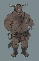 anthro balls beard beard_ponytail bindings bovid bovine cattle clothing dramamine drinking_horn european_mythology facial_hair foreskin genitals greek_mythology hi_res horn leather leather_clothing leather_straps male mammal melee_weapon minotaur musclegut mythology nipples nude penis ring slightly_chubby solo sword vein veiny_penis weapon