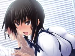 1boy :d after_fellatio bangs black_hair blush brown_eyes censored collared_shirt cum cum_string female game_cg hair_between_eyes kawagishi_keitarou kawakami_academy_uniform long_hair maji_de_watashi_ni_koi_shinasai! matsunaga_tsubame mosaic_censoring open_mouth penis shiny shiny_hair shirt shorts smile straight straight_hair white_shirt white_shorts wing_collar