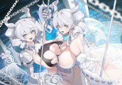 ass big_breasts breasts_pressed_together chains cleavage demon_girl duel_monster female horn huge_breasts labrynth_of_the_silver_castle looking_at_viewer looking_back lovely_labrynth_of_the_silver_castle mature_female slow740 smile tagme white_dress white_eyes white_hair white_skin wings yu-gi-oh!