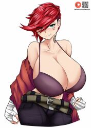 1girls allbeatnik alternate_breast_size arcane arcane_vi big_breasts blue_eyes breasts eye_contact female female_only fully_clothed gigantic_breasts huge_breasts league_of_legends light_skin looking_at_viewer red_hair riot_games short_hair smile solo solo_female standing top_heavy vi