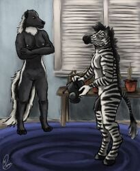 absurd_res angry annoyed anthro black_body black_fur blinds blue_rug breasts clay_pot crossed_arms dead_plant duo equid equine female fur furniture gas_mask genitals hi_res kinktober male male/female mammal mask mephitid penis skunk stripes table worried yenocwolf zebra