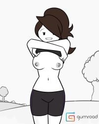 1girls bike_shorts breasts brown_hair iamoctopii jaiden jaiden_animations jaidenanimations medium_breasts mob_face nipples outside shirt_lift smile solo_female tank_top youtube youtuber