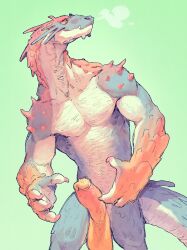 2021 4_fingers anthro balls blue_body blue_scales breath claws dragon erection fingers genitals hi_res hybrid_genitalia long_neck looking_aside male male_only muscular muscular_anthro muscular_male nude orange_balls orange_body orange_penis orange_scales pecs penile_spines penis portrait roamingthrough scales simple_background solo standing three-quarter_portrait yellow_eyes