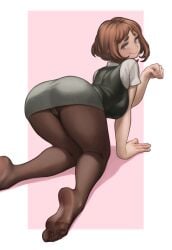 1girls all_fours ass brown_eyes brown_hair female female_focus female_only fully_clothed lentiyay light-skinned_female my_hero_academia ochako_uraraka office_lady pantyhose short_hair skirt slim_waist solo thick_thighs