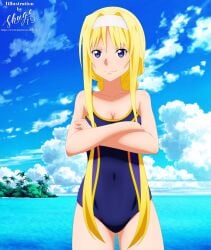 1girls alice_schuberg alluring bare_legs barefoot big_breasts blonde_hair breast shugo19 solo sword_art_online sword_art_online_alicization