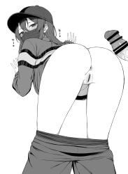 1boy absurdres against_wall anus ass bar_censor baseball_cap censored clothes_pull erection female from_behind greyscale hair_between_eyes hat highres imminent_penetration kantai_collection long_hair long_sleeves looking_at_viewer looking_back mask monochrome mouth_mask pants pants_pull penis pussy simple_background solo_focus takaman_(gaffe) white_background zuikaku_(kantai_collection)