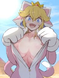 1girls airing_out big_breasts blonde_hair blue_earrings blue_eyes blush cat_ears cat_paws cat_peach cat_suit cat_tail catgirl catsuit cleavage crown cute_fang desert earrings exhibitionism female female_only kigurumi kurachi_mizuki looking_at_viewer mario_(series) mouth_open nintendo open_clothes open_jacket open_shirt outdoors outside partially_clothed princess_peach removing_clothing solo standing stripping sun super_mario_3d_world sweat sweatdrop sweating sweaty undressing zipper zipper_down