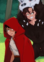 1boy 1futa aikiyun canine cloak cosplay futa_with_male futanari grimm_(rwby) hood imminent_sex little_red_riding_hood male nervous oscar_pine penis ruby_rose rwby tagme