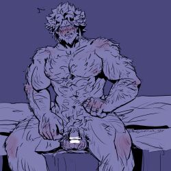 balls bara beard blush censored_penis eternal_emil facial_hair flaccid gay guilty_gear hairy leo_whitefang long_hair male male_only monochrome muscles muscular nude penis solo solo_male spread_legs