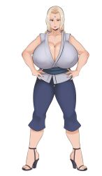 1girls ass blush breasts brown_eyes clothing curvaceous curves curvy_body curvy_female curvy_figure curvy_hips facial_mark female forehead_mark hand_on_hip high_heels high_resolution huge_ass huge_breasts large_breasts long_hair looking_at_viewer mature mature_female mature_woman milf naruto naruto_(series) naruto_shippuden plain plump shiny shiny_skin simple_background standing sunnysundown thick_thighs thighs tsunade very_high_resolution voluptuous