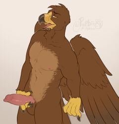 animal_genitalia animal_penis anthro avian balls beak bodily_fluids brown_balls brown_body brown_feathers brown_fur canine_penis erection feathered_wings feathers fur genitals glistening glistening_eyes male masturbation navel nude open_mouth penile penile_masturbation penis pupbii signature simple_background solo standing sweat three-quarter_view white_background wings yellow_beak yellow_eyes