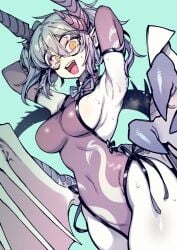 armpits arms_behind_head bags_under_eyes cute_fang dragon_girl female horns karasu_raven looking_at_viewer pointy_ears round_glasses solo_female thick_thighs wings yellow_eyes