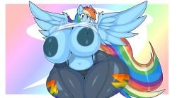 absurd_res anthro areola big_areola big_breasts big_nipples big_wings blue_areola blue_body blue_ears blue_fur blue_wings bottomwear breasts camel_toe clothing equid equine eyelashes feathered_wings feathers female flashing flashing_breasts friendship_is_magic fur grin hair hasbro hi_res huge_breasts huge_thighs long_tail mammal multicolored_hair multicolored_tail my_little_pony mythological_creature mythological_equine mythology navel nipples overweight pants pegasus purple_eyes rainbow_dash_(mlp) rainbow_hair rainbow_tail shirt smile solo tail teeth teeth_showing thiccbuns thick_tail thick_thighs thong topwear underwear white_clothing white_shirt white_topwear wide_hips wings