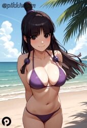 ace_attorney ai_generated beach big_breasts bikini black_hair gyakuten_saiban maya_fey pikkiwynn purple_eyes smile