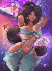 1girls 2boys aladdin aladdin_(character) arabian_clothes artofalva black_hair blue_crop_top blue_pants breasts brown_eyes crop_top disney earrings genie_(aladdin) large_breasts long_hair looking_at_viewer midriff navel pants princess_jasmine tiara