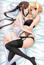 2girls black_bra black_lingerie black_panties blonde_hair bra brown_eyes brown_hair bustier garter_belt garter_straps hair_bun hair_ribbon houjouin_seika hug komori_kei large_breasts lingerie looking_at_viewer panties ponytail princess_lover purple_eyes silvia_van_hossen small_breasts thighhighs white_bustier white_lingerie white_panties