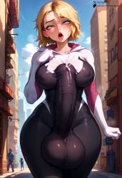 1futa ahe_gao ai_generated autopaizuri autopaizuri_under_clothes bodysuit bulge cum erection_under_clothes futanari gigantic_penis gigantic_testicles gwen_stacy_(spider-verse) huge_balls huge_cock large_breasts spider-man:_into_the_spider-verse starskyai steam steaming_body sweat thick_thighs