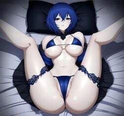 ai ai_generated amelia_euler_(hfjone) bed bedroom big_breasts blue_bikini blue_hair cheesy_hfj hfjone human human_only laying_on_bed legs_up lingerie object_shows what