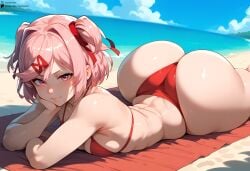 1girls ai_generated ass_focus beach bikini bottom_heavy doki_doki_literature_club fat_ass female gigantic_ass huge_ass looking_at_viewer natsuki_(doki_doki_literature_club) presenting seductive self_upload small_breasts starskyai thick_thighs