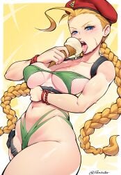 1girls absurd_res adapted_costume beret bikini blonde_hair blue_eyes blush border bracelet braid braided_hair braided_twintails breasts cammy_white capcom cleavage curvy dracksart green_bikini hat hi_res hourglass_figure ice_cream licking long_hair looking_at_viewer medium_breasts micro_bikini navel open_mouth scar signature solo street_fighter swimsuit thigh_strap thighs tongue tongue_out twintails very_long_hair wide_hips