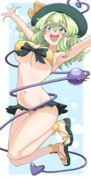 :d armpits arms_up bikini cheerful comona13 green_toenails koishi_komeiji komeiji_koishi large_breasts painted_toenails smile swimsuit toenail_polish toenails touhou