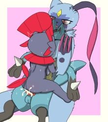 anthro big_breasts bodily_fluids breasts cowgirl_position cum cum_inside female from_front_position full_nelson generation_4_pokemon generation_8_pokemon genital_fluids group hi_res lucario male male/female nintendo on_bottom on_top penetration pokemon pokemon_(species) sex sneasler trio weavile zk_(artist)