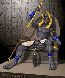 1boy anthro anubian_jackal anubis balls canine deity egyptian erection fur furry jackal male male_only penis solo wooky