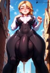 1futa ai_generated bodysuit bulge cum cumdrip futanari gigantic_penis gigantic_testicles gwen_stacy_(spider-verse) handsfree_ejaculation huge_balls huge_cock large_breasts spider-man:_into_the_spider-verse starskyai steam steaming_body sweat thick_thighs