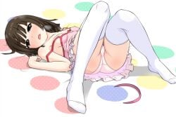 animated animated_png ass ass_visible_through_thighs bare_arms bare_shoulders blush body_blush breasts brown_eyes brown_hair camisole cleavage collarbone derivative_work embarrassed feet frilled_skirt heavy_breathing k10k kaze_(kazesan) knees_together_feet_apart lying medium_breasts medium_hair monogatari_(series) no_bra on_floor open_mouth panties pink_panties sengoku_nadeko sideboob skirt strap_slip thighhighs thighs twister underwear visible_breath white_thighhighs zettai_ryouiki