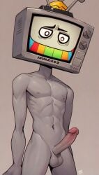 1boy ai ai_generated antennae balls dick erect_penis erection glitch_productions grey_background grey_body grey_skin mr._puzzles naked naked_male nipples nude nude_male penis quinzo11 self_upload smg4 smile standing standing_male tv_head youtube