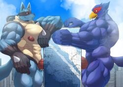 absurd_res anthro avian beak big_pecs big_penis bird blue_body blue_fur building building_penetrated building_sex canid canine double_penetration duo erection falco_lombardi fur generation_4_pokemon genitals hi_res humanoid_genitalia humanoid_penis lucario macro male male_penetrating mammal muscular muscular_male nintendo pecs penetration penis pokemon pokemon_(species) sharkinn spines star_fox