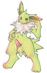 1boy anthro blush brown_eyes eeveelution jolteon knot kosian looking_at_viewer male male_only neck_ruff nintendo nude penis pokemon pokemon_(species) pokemorph precum red_penis solo standing yellow_fur