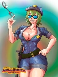 aviator_sunglasses baton bedbug_(artist) cop foo_fighters green_hair handcuffs jojo's_bizarre_adventure police police_hat police_uniform policewoman shorts thick_thighs