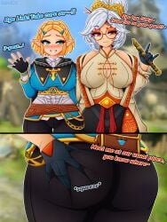 2girls ass ass_focus ass_grab back back_view bag bare_shoulders before_sex belt big_ass big_breasts big_butt black_gloves black_pants blonde_hair blue_shirt blush blush braid breasts busty cape capelet cleavage clothed crown_braid crystal curvy depthsofmind elf elf_ears eyeshadow eyewear_on_head female/female female_focus female_only fingerless_gloves flute front_view fully_clothed glasses gloves goggles gold_trim grabbing grabbing_ass grabbing_from_behind green_eyes grope groping groping_from_behind hair_bun hair_ornament hair_stick hairclip headband height_difference hi_res huge_ass huge_breasts humanoid jacket large_breasts leggings light-skinned_female lipstick looking_at_viewer makeup nintendo nipple_bulge no_bra no_bra_under_clothes outdoors pants pointy_ears princess_zelda purah purah_(tears_of_the_kingdom) red_eyes red_eyeshadow shirt short_hair sidelocks silver_hair skirt slit_skirt smile smiling standing straps taller_girl tears_of_the_kingdom the_legend_of_zelda thick_thighs thighs triforce voluptuous waving white_hair wide_hips zelda_(tears_of_the_kingdom)