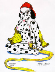 1990s 1997 20th_century anthro bottomless breasts canine cute dalmatian female firefighter firefighter_helmet fur furry helmet hose insertion james_m_hardiman masturbation nude penetration pussy pussy_juice sitting solo tongue vaginal_penetration