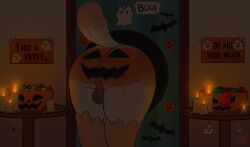 anthro apartment ass balls big_butt candle candy dangermons dessert door food genitals glory_hole halloween halloween_decoration hi_res holidays male mammal nude olli_(braeburned) public public_nudity public_use solo solo_male tail through_wall