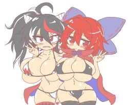 2girls :< ahoge artist_request bikini black_bikini black_hair black_thighhighs blue_bow blush breasts cape chibi chibi_style dot_nose embarrassed gyate_gyate horns huge_breasts kijin_seija meme navel red_cape red_eyes red_hair sekibanki sharp_teeth short_hair skindentation streaked_hair sweating thighhighs touhou transparent_background v white_hair