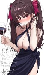 1girls 2d 2d_(artwork) black_hair blush breasts cleavage date_a_live dress english_text light-skinned_female long_hair looking_at_viewer medium_breasts no_bra red_eyes solo solo_female text thighs tokisaki_kurumi twintails wine